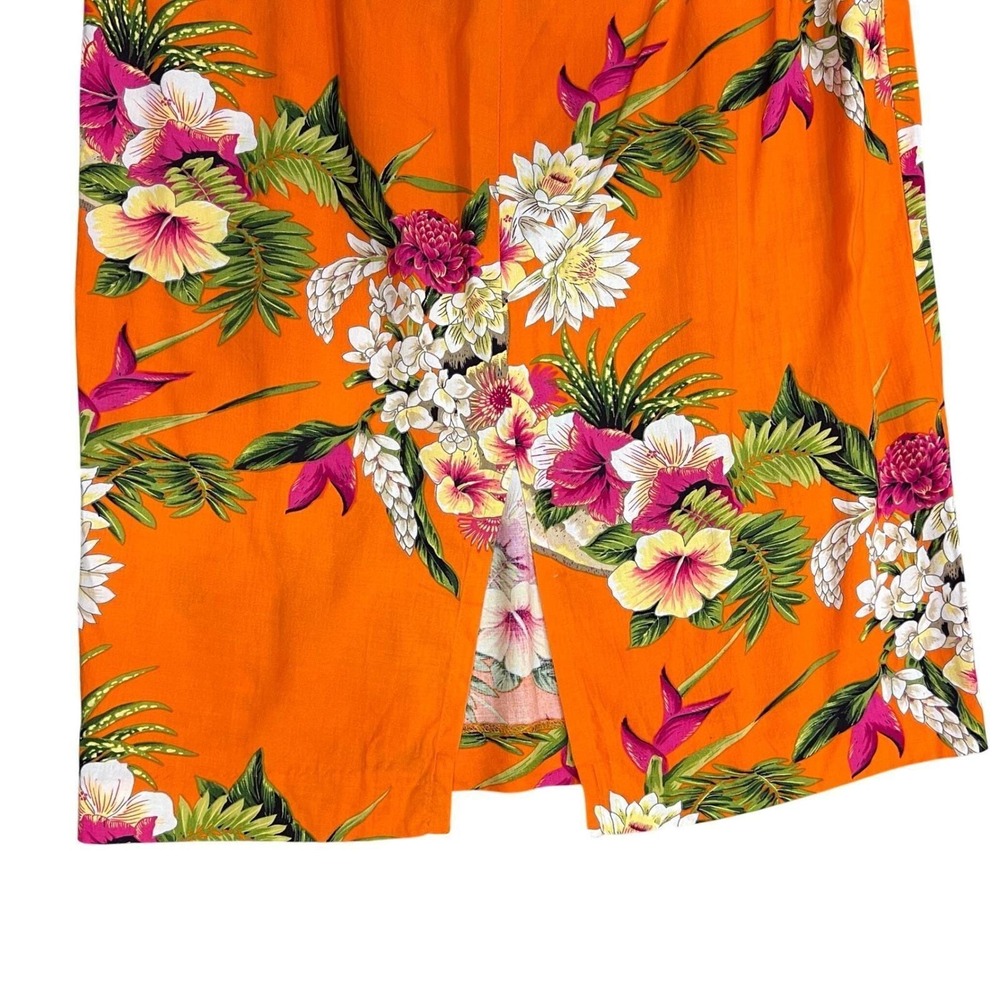 Vintage Orange Tropical Floral Rayon Midi Skirt Y2K Hawaiian Summer M - Picture 9 of 9